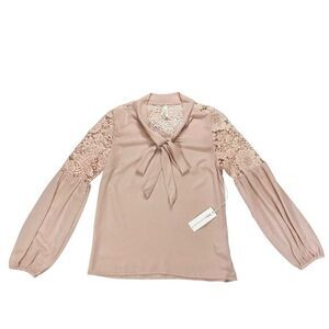 Truth NYC Bell Lace Sleeve Blouse Sz M Beige Tie Front Modest Preppy Shirt New